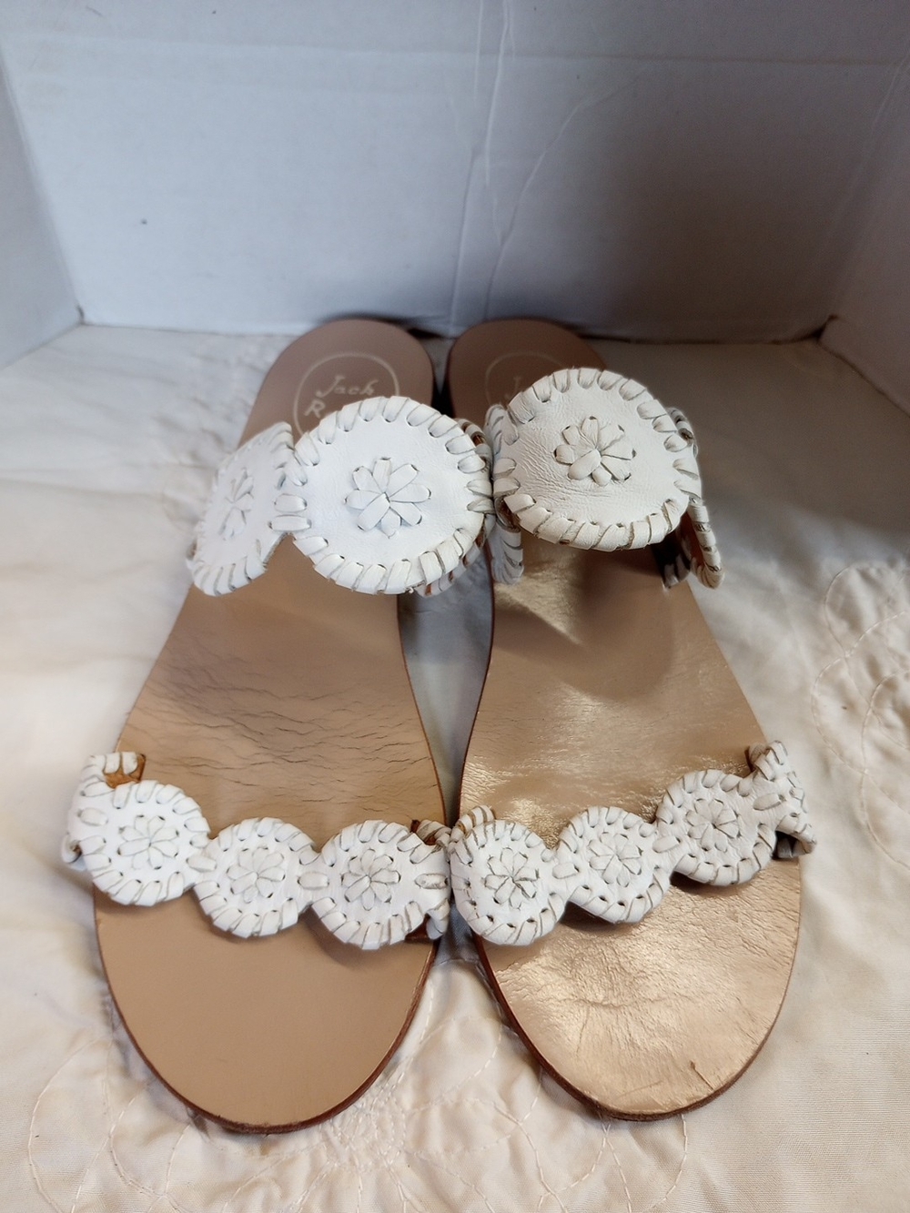 Jack Rogers White Women's Leather Circle-Detail Slide Sandals Size 9M